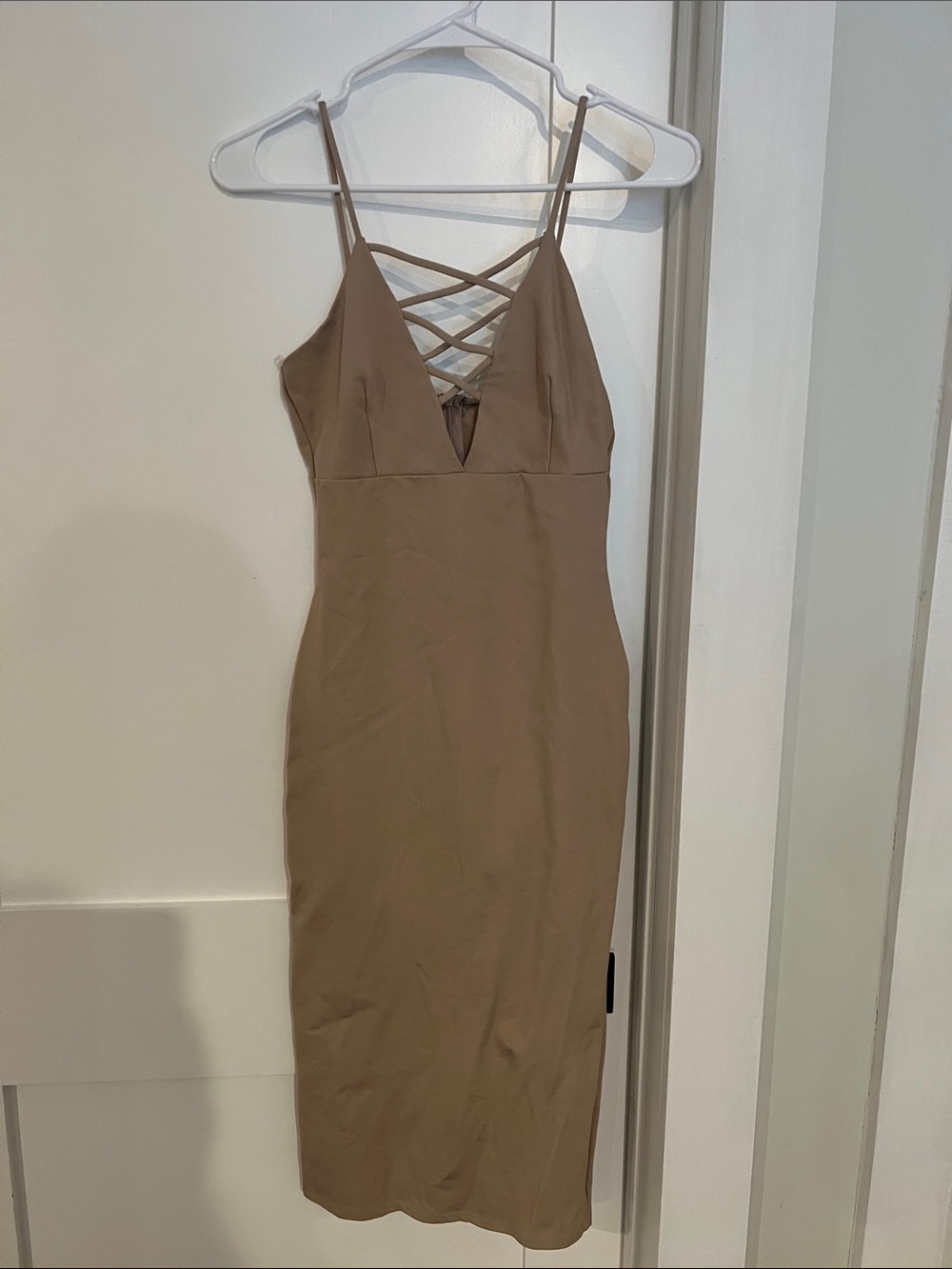 Strappy V-Neck Midi Dress in Taupe